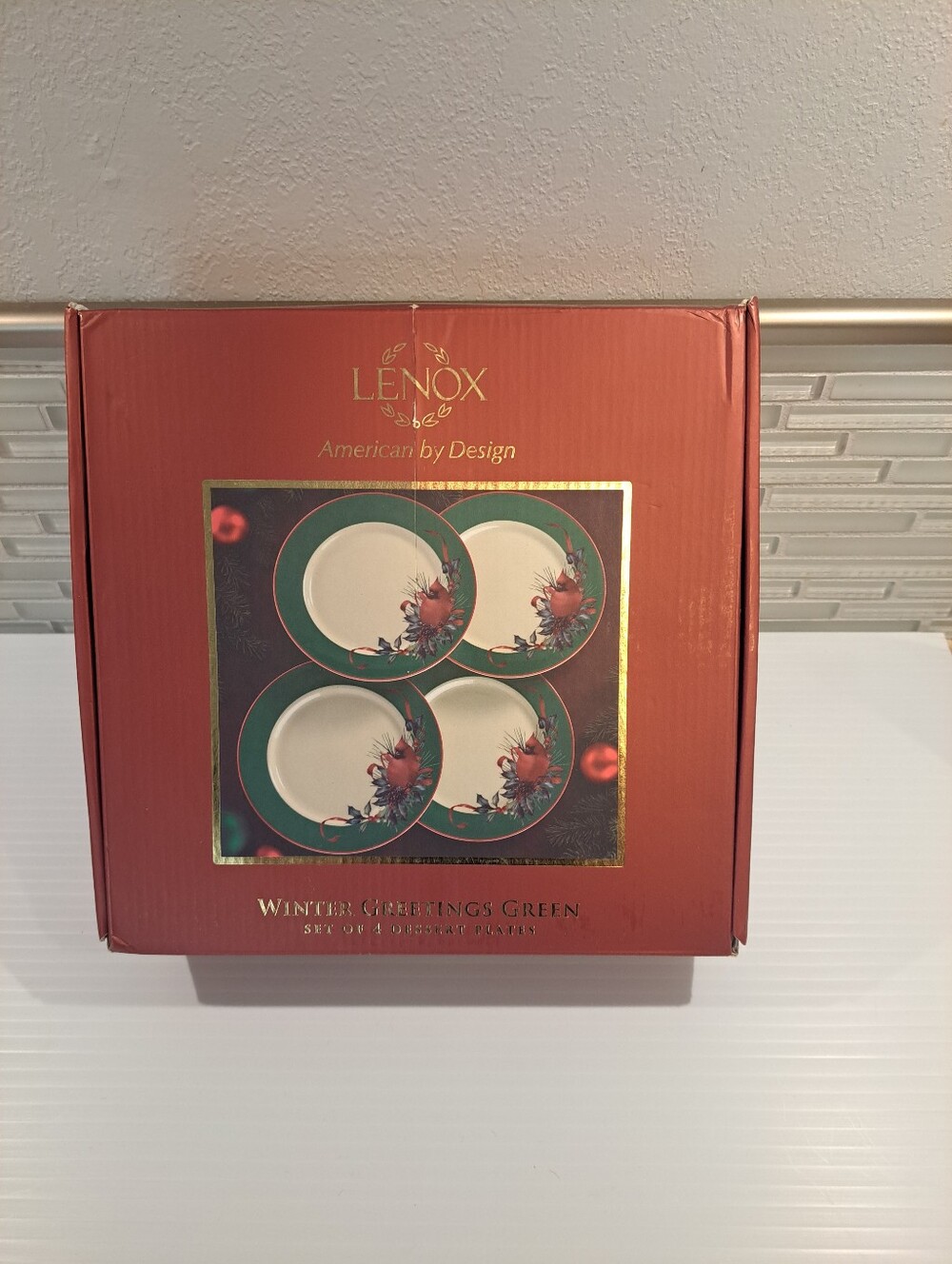 Lenox Winter Greetings Green Band Christmas Dessert Plates Set of 4 NIB